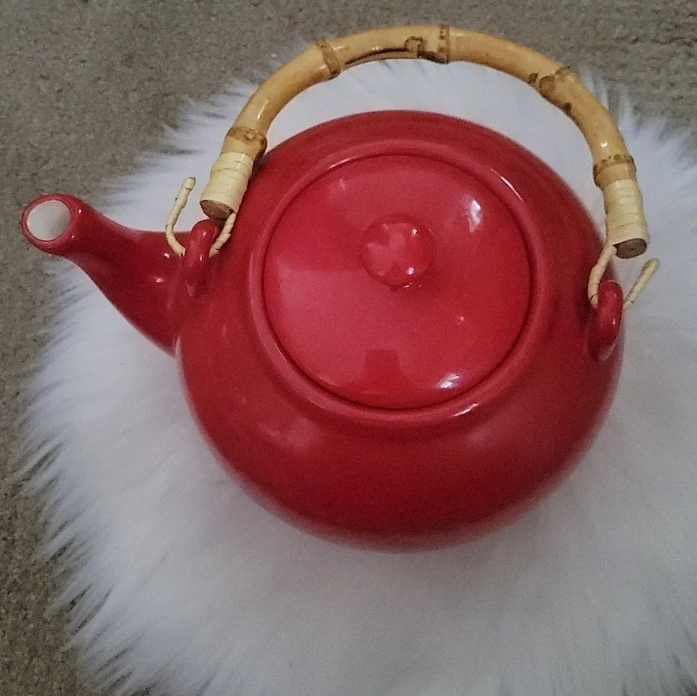 Pottery Barn Rare Vintage Sausalito Red Tea Pot with Bamboo Handle - Picture 9 of 11